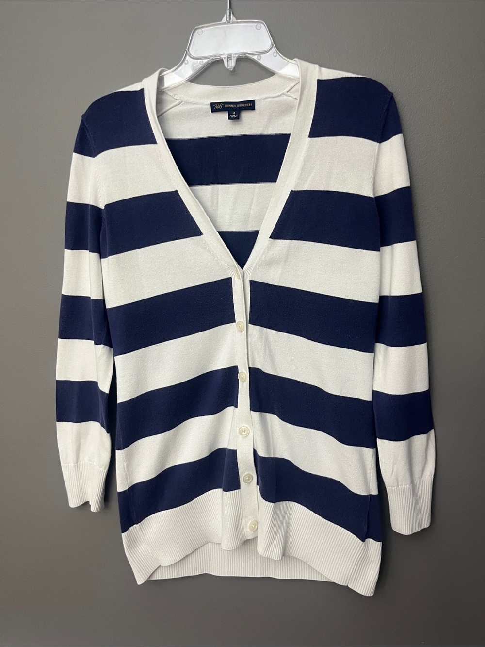 Brooks Brothers Women’s Navy and White Striped V-Neck Button Cardigan - Size M